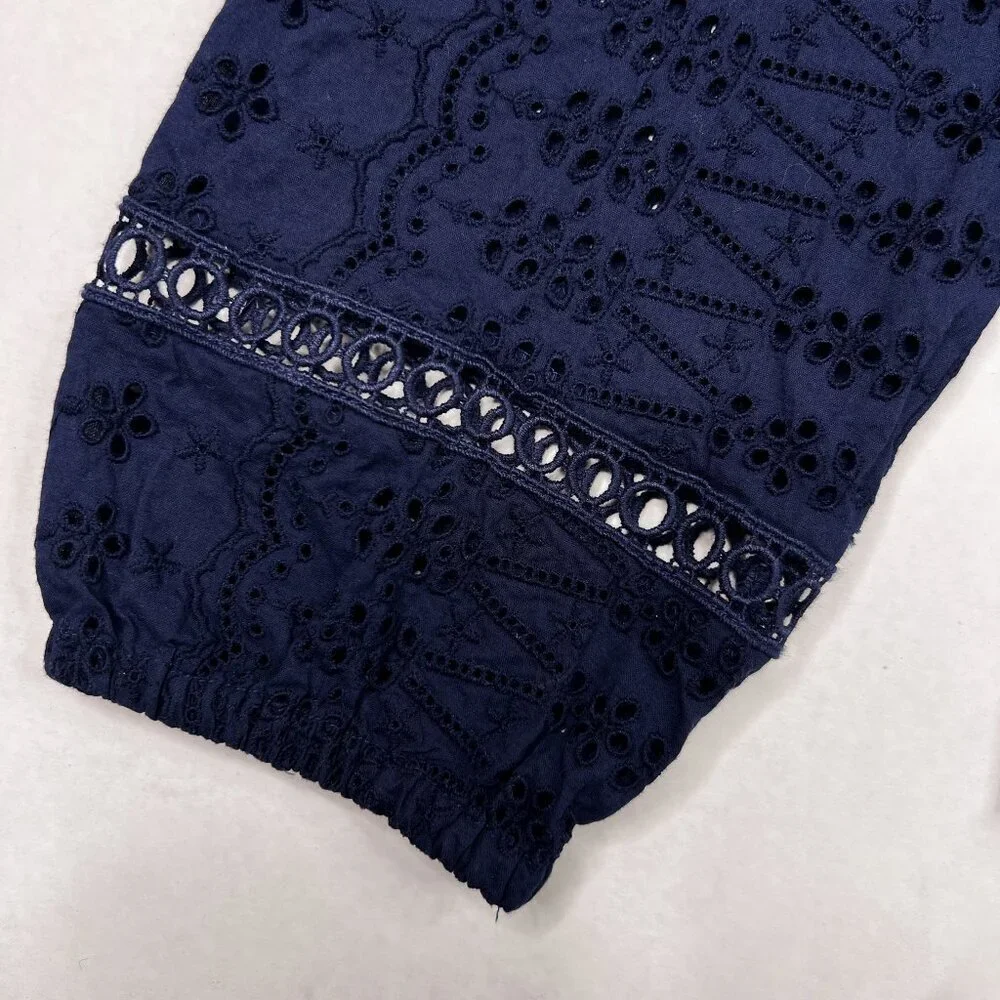 J. Crew Eyelet Lace Flutter Hem Embroidered Fit and Flare Cotton Dress Navy Sz 6